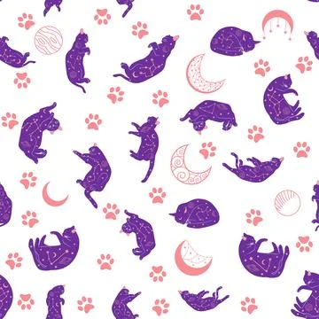 Mystical seamless pattern of cats in boho style, silhouette collection. Wit.. 스톡 일러스트