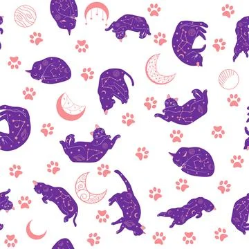 Mystical seamless pattern of cats in boho style, silhouette collection. Wit.. Stock Illustration