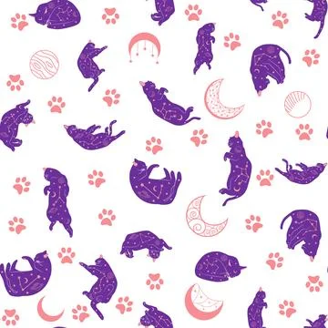 Mystical seamless pattern of cats in boho style, silhouette collection. Wit.. イラスト素材