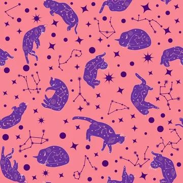 Mystical seamless pattern of cats in boho style, silhouette collection. Esote Stock Illustration