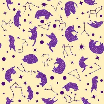 Mystical seamless pattern of cats in boho style, silhouette collection. Wit.. 스톡 일러스트