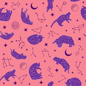Mystical seamless pattern of cats in boho style, silhouette collection. Wit.. 스톡 일러스트