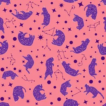 Mystical seamless pattern of cats in boho style, silhouette collection. Esote 스톡 일러스트