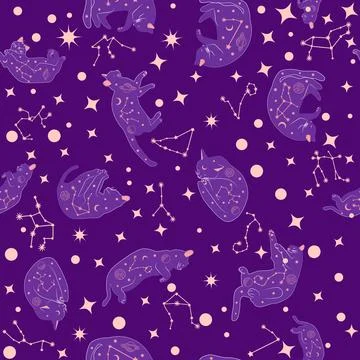 Mystical seamless pattern of cats in boho style, silhouette collection. Wit.. Stockillustratie