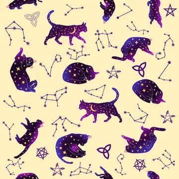 Mystical seamless pattern of cats in boho style, silhouette collection. Wit.. 스톡 일러스트