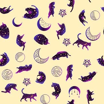 Mystical seamless pattern of cats in boho style, silhouette collection. Esote 스톡 일러스트