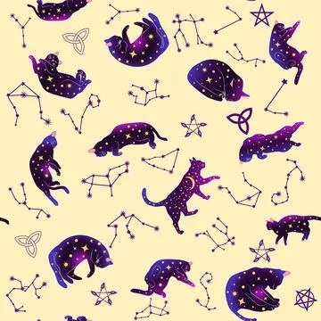 Mystical seamless pattern of cats in boho style, silhouette collection. Wit.. 스톡 일러스트