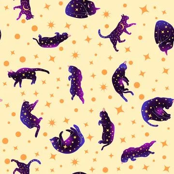 Mystical seamless pattern of cats in boho style, silhouette collection. Wit.. 스톡 일러스트