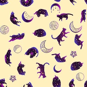 Mystical seamless pattern of cats in boho style, silhouette collection. Esote Illustrazione stock