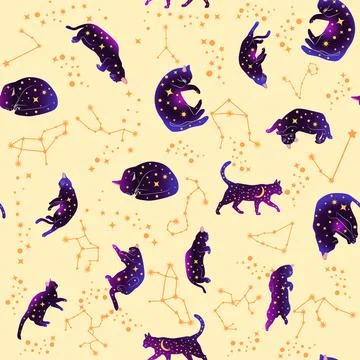 Mystical seamless pattern of cats in boho style, silhouette collection. Wit.. 스톡 일러스트