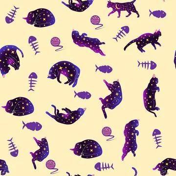 Mystical seamless pattern of cats in boho style, silhouette collection. Wit.. 스톡 일러스트