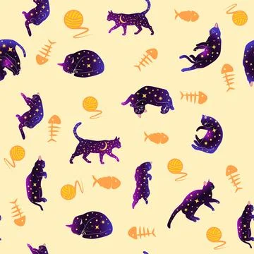 Mystical seamless pattern of cats in boho style, silhouette collection. Wit.. 스톡 일러스트