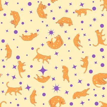 Mystical seamless pattern of cats in boho style, silhouette collection. Wit.. 스톡 일러스트