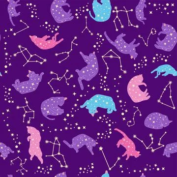 Mystical seamless pattern of cats in boho style, silhouette collection 스톡 일러스트
