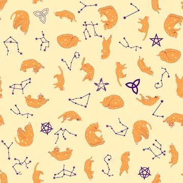 Mystical seamless pattern of cats in boho style, silhouette collection 스톡 일러스트