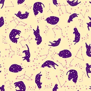 Mystical seamless pattern of cats in boho style, silhouette collection 스톡 일러스트