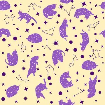 Mystical seamless pattern of cats in boho style, silhouette collection 스톡 일러스트