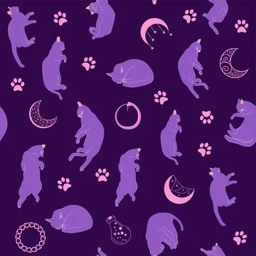 Mystical seamless pattern of cats in boho style, silhouette collection 스톡 일러스트