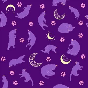 Mystical seamless pattern of cats in boho style, silhouette collection Stock Illustration
