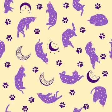 Mystical seamless pattern of cats in boho style, silhouette collection 스톡 일러스트