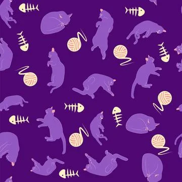 Mystical seamless pattern of cats in boho style, silhouette collection 스톡 일러스트
