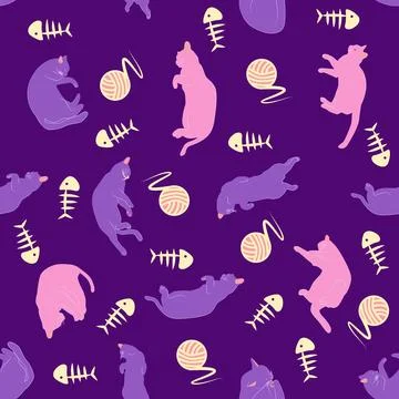 Mystical seamless pattern of cats in boho style, silhouette collection 스톡 일러스트