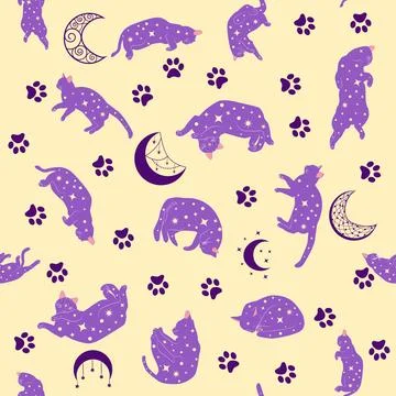 Mystical seamless pattern of cats in boho style, silhouette collection 스톡 일러스트