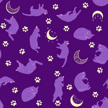 Mystical seamless pattern of cats in boho style, silhouette collection 스톡 일러스트