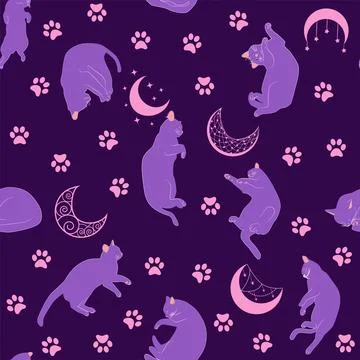 Mystical seamless pattern of cats in boho style, silhouette collection Illustrazione stock
