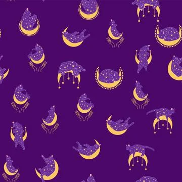 Mystical seamless pattern of cats in boho style, silhouette collection. Witch 스톡 일러스트