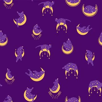 Mystical seamless pattern of cats in boho style, silhouette collection. Witch 스톡 일러스트