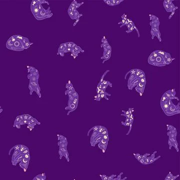 Mystical seamless pattern of cats in boho style, silhouette collection. Wit.. 스톡 일러스트