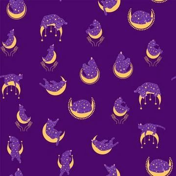 Mystical seamless pattern of cats in boho style, silhouette collection. Wit.. Stock Illustration