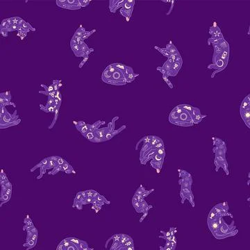 Mystical seamless pattern of cats in boho style, silhouette collection. Witch 스톡 일러스트