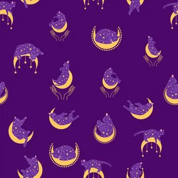 Mystical seamless pattern of cats in boho style, silhouette collection. Wit.. Stock Illustration