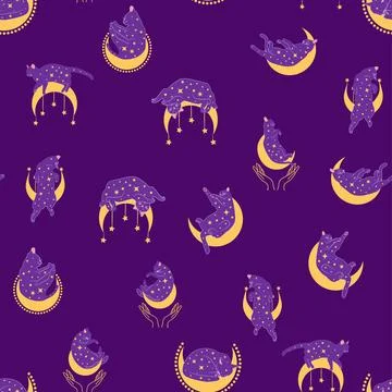 Mystical seamless pattern of cats in boho style, silhouette collection. Wit.. イラスト素材