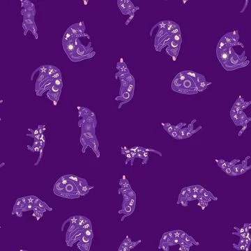 Mystical seamless pattern of cats in boho style, silhouette collection. Witch 스톡 일러스트