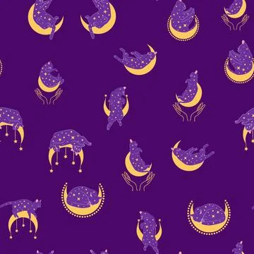 Mystical seamless pattern of cats in boho style, silhouette collection. Wit.. 스톡 일러스트