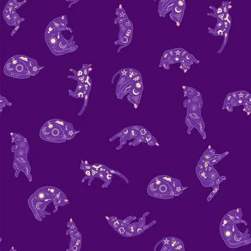Mystical seamless pattern of cats in boho style, silhouette collection. Wit.. 스톡 일러스트