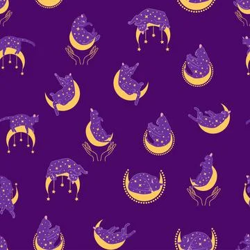 Mystical seamless pattern of cats in boho style, silhouette collection. Wit.. 스톡 일러스트