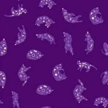 Mystical seamless pattern of cats in boho style, silhouette collection. Wit.. Stock Illustration