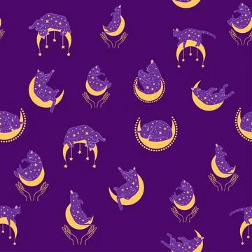 Mystical seamless pattern of cats in boho style, silhouette collection. Witch Stock Illustration