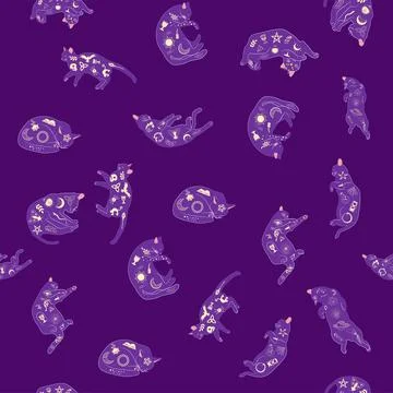 Mystical seamless pattern of cats in boho style, silhouette collection. Wit.. イラスト素材