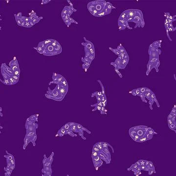Mystical seamless pattern of cats in boho style, silhouette collection. Witch Stock Illustration