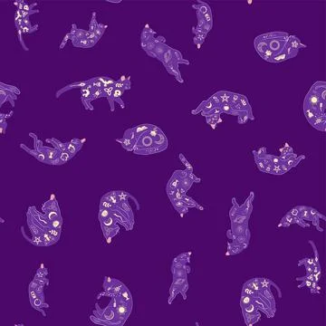 Mystical seamless pattern of cats in boho style, silhouette collection. Wit.. 스톡 일러스트