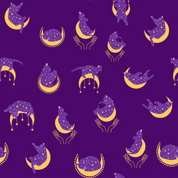 Mystical seamless pattern of cats in boho style, silhouette collection. Wit.. 스톡 일러스트