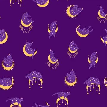 Mystical seamless pattern of cats in boho style, silhouette collection. Wit.. 스톡 일러스트