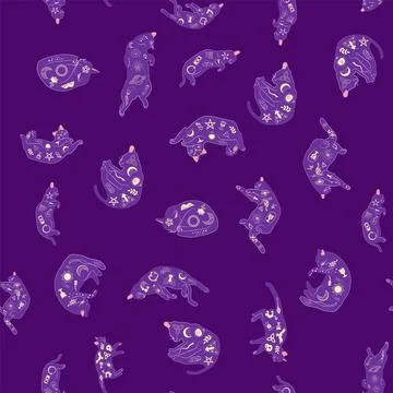 Mystical seamless pattern of cats in boho style, silhouette collection. Wit.. 스톡 일러스트