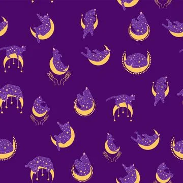 Mystical seamless pattern of cats in boho style, silhouette collection. Witch 스톡 일러스트