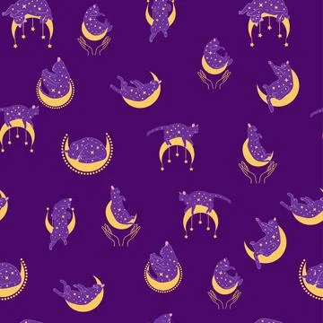 Mystical seamless pattern of cats in boho style, silhouette collection. Wit.. 스톡 일러스트